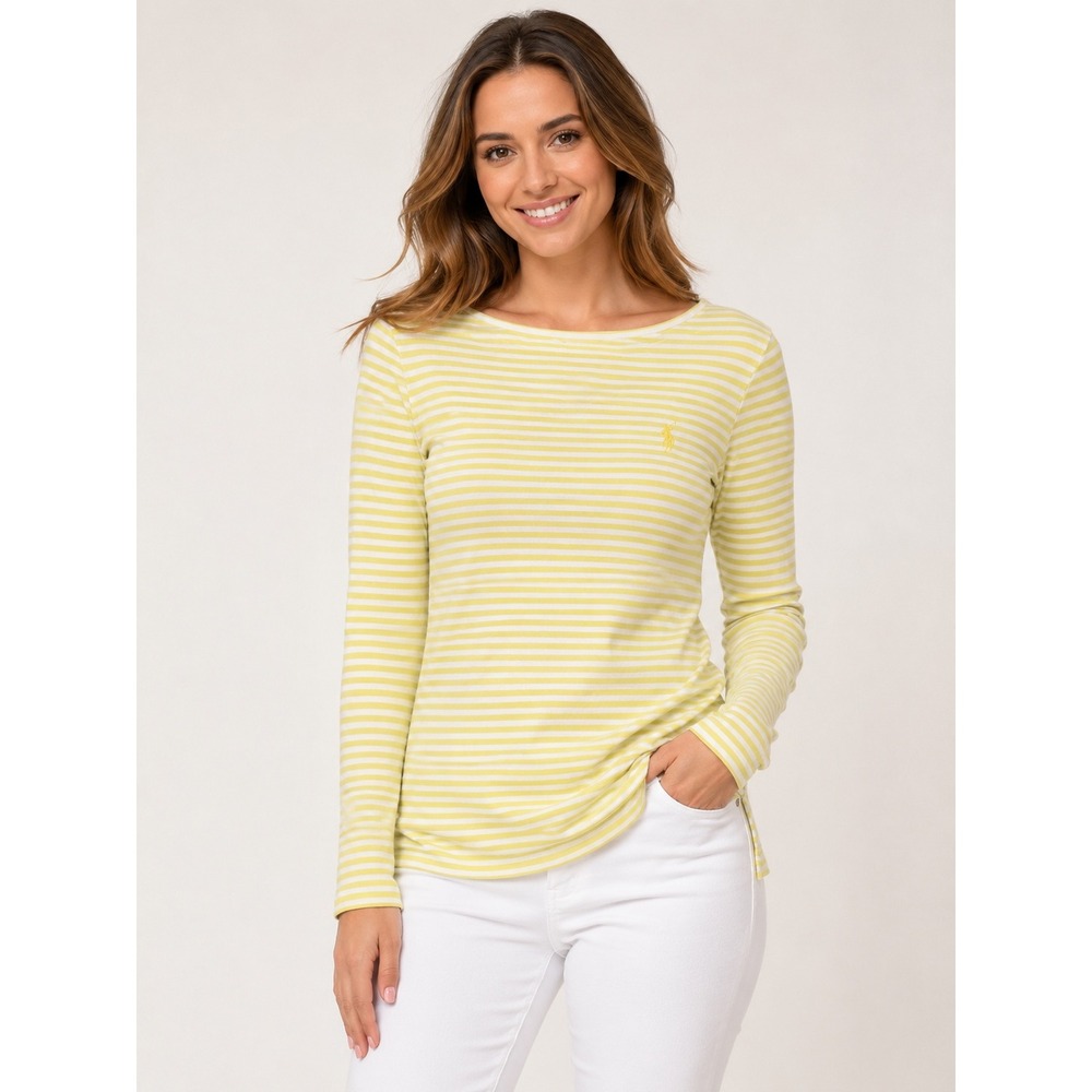 Ralph‎ Lauren Womens Small Yellow White Striped Long Sleeve Boatneck Cotton Top